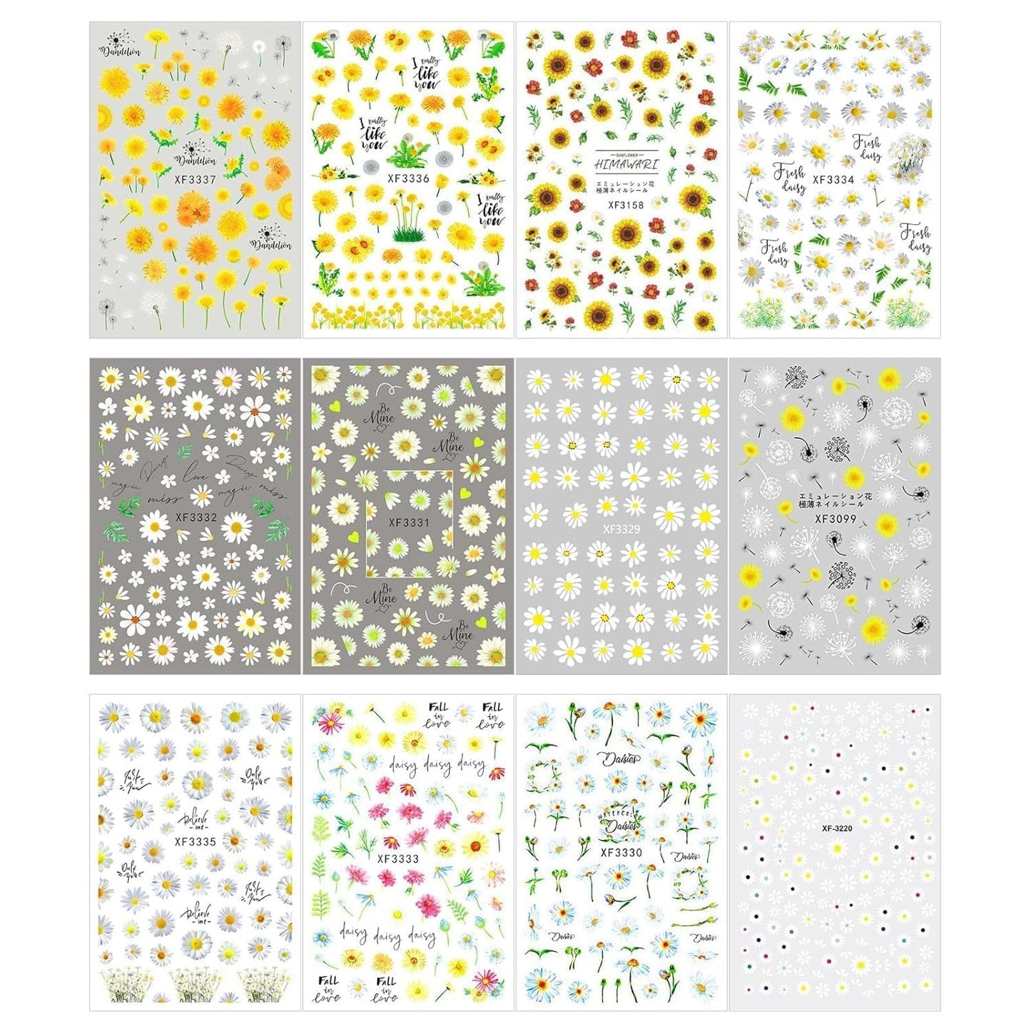 12 Blatt Nagelaufkleber mit 3D-Effekt, UV-härtend, langlebig, Blumen-Nagelaufkleber, gelb-weiße Gänseblümchen-Nagelkunstaufkleber