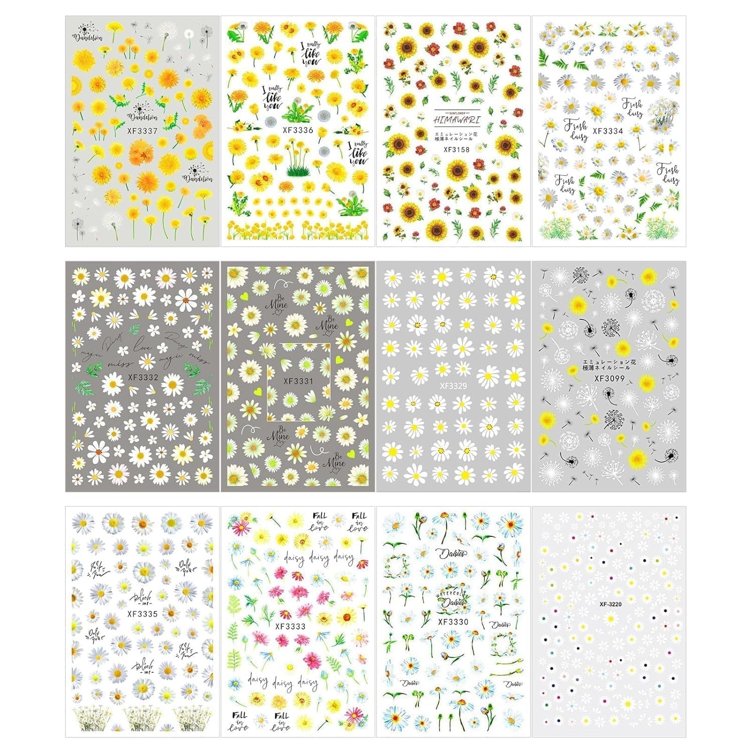12 Blatt Nagelaufkleber mit 3D-Effekt, UV-härtend, langlebig, Blumen-Nagelaufkleber, gelb-weiße Gänseblümchen-Nagelkunstaufkleber