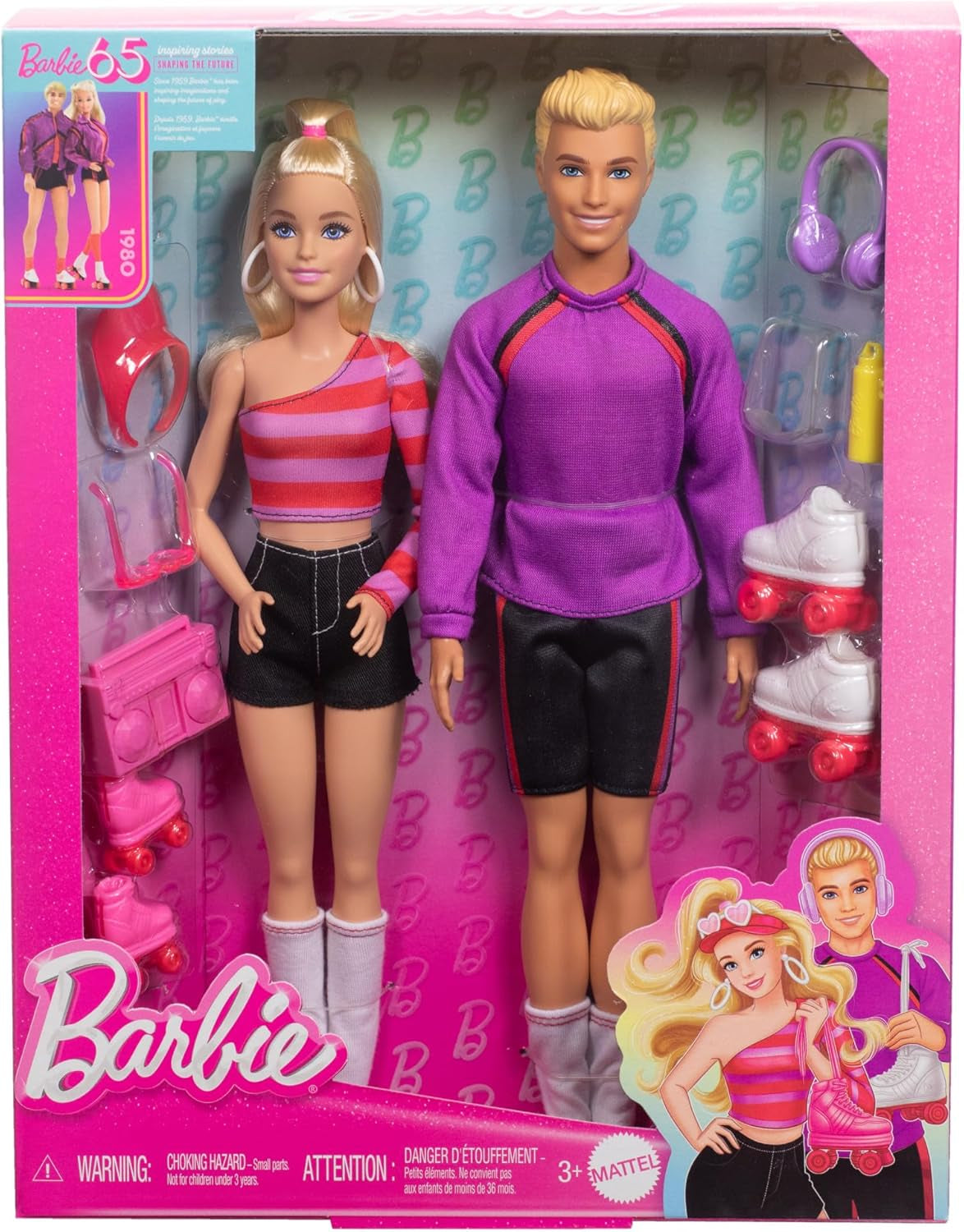 Barbie Fashionistas-Set mit 2 Modepuppen und 6 Accessoires, Barbie- und Ken-Rollschuh-Modepuppen, Sammelfiguren zum 65-jährigen Jubiläum, HXK90