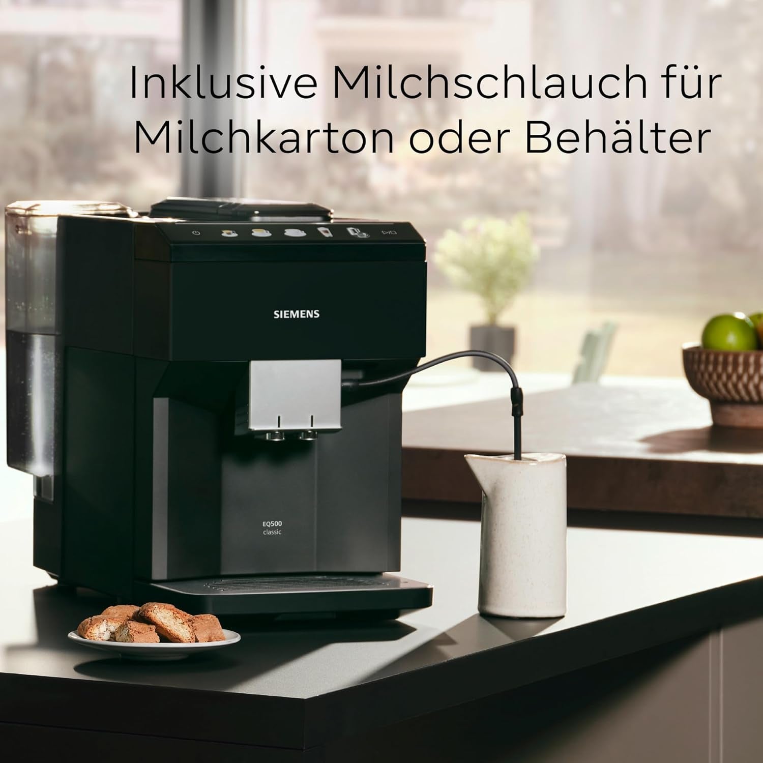 Siemens EQ500 klassische automatische Espressomaschine, TFT-Farbbildschirm, 5 Kaffee- und Milchsorten, Doppeltassenfunktion, einfache Reinigung, abnehmbare Brüheinheit, mit Milchschlauch, schwarz, TP511E19