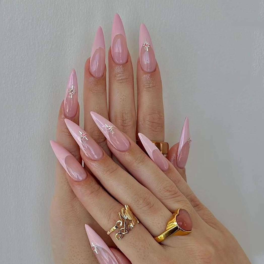 Moonglow Lange Nägel Stiletto Milchweiß Rosa Farbverlauf Glitzer Coole künstliche Nägel mit Kleber Rosa Ombre Glitzer Künstliche Nägel