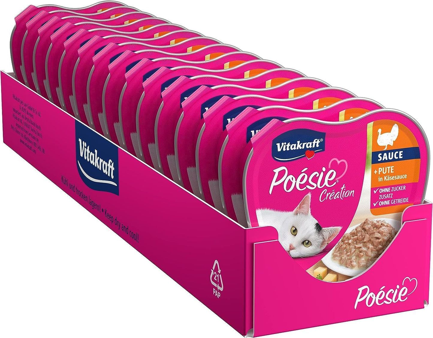 Vitakraft Poésie Création, Nassfutter für Katzen, Nassfutter für Katzen in Soße, mit Truthahn in Käsesoße, Multipack, ohne Zusatz von Zucker oder Getreide (15 x 85 g)