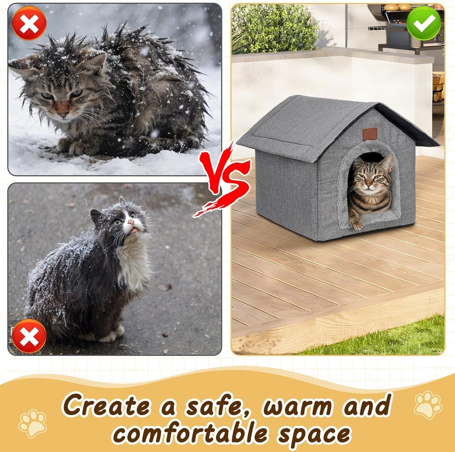 Katzenhaus Outdoor Winterfest, Katzenhöhle, Hundehöhle mit abnehmbarem Plüschkissen, Wasserdichter Wetterfester, Hundehütte Indoor, Hundehaus für Drinnen/Indoor 35x30x35cm (Grau, S)