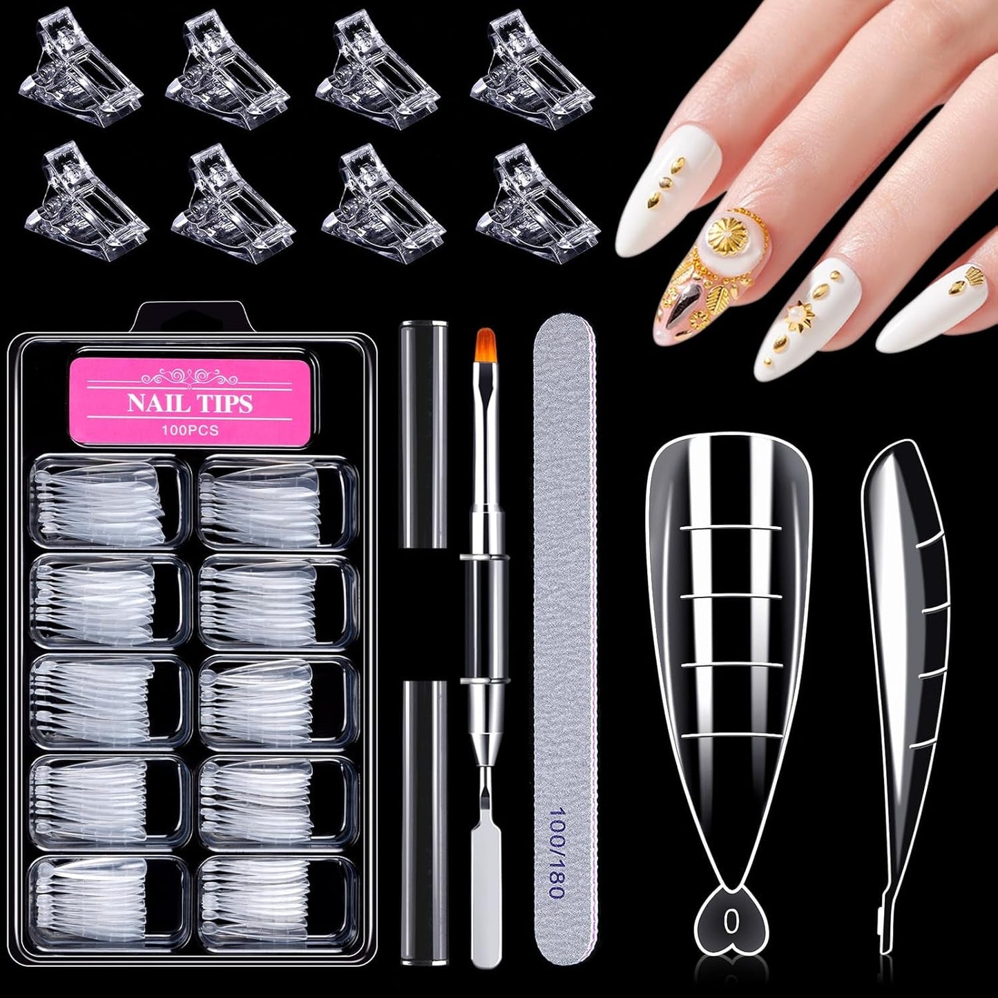 120-teiliges Nagelform-Set, Nagelverlängerungen, Gel-Nagelformen, Nagelform-Set mit Doppelkopfbürste und Nagelfeile mit Clips, für Gelnägel