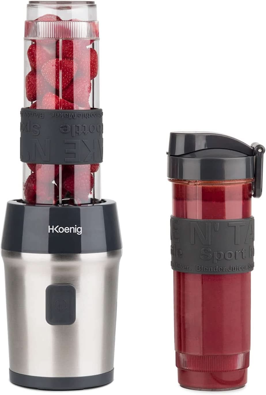 H.Koenig Smoothie Maker SMOO9 – Mini-Standmixer – Mini-Mixer – 300 Watt – 570 ml – Edelstahl – 2 Kunststoffflaschen – Bpa-Frei, Grau Kitchen Naty Shop Grau