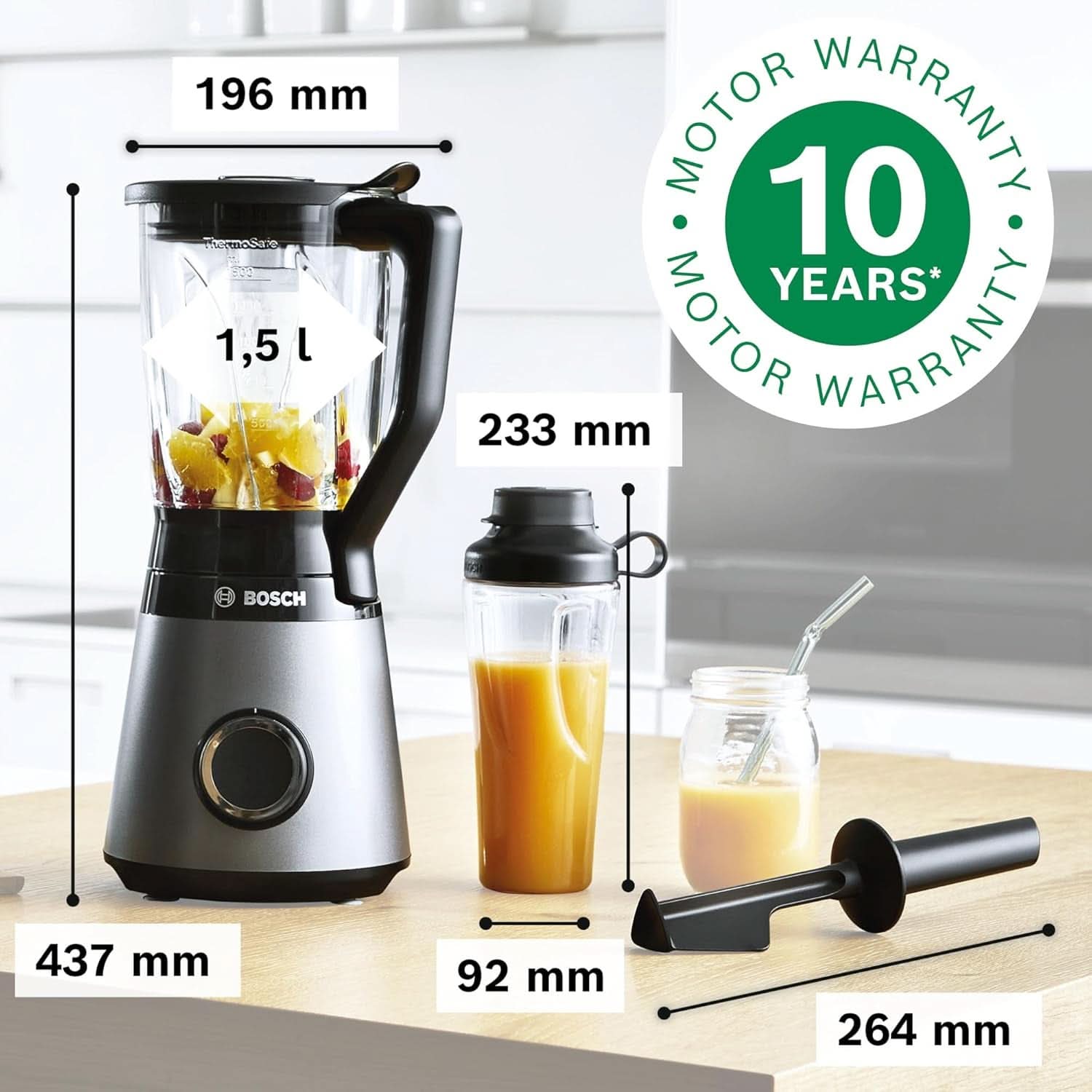 Bosch Standmixer Vitapower Serie 4 MMB6174SN, Verbesserte Version, Hochwertige Edelstahl-Klingen, 1.5L Glasbehälter, 0.6L To-Go-Flasche, Spülmaschinenfeste Teile, 30.000 U/Min, 1200 W, Silver Kitchen Naty Shop