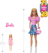 Modische Barbie-Puppe, 71 cm, blond, mit abnehmbarer Kleidung, rosa Oberteil, Jeansrock, Cowboystiefeln, Halskette und Handtasche HYT84