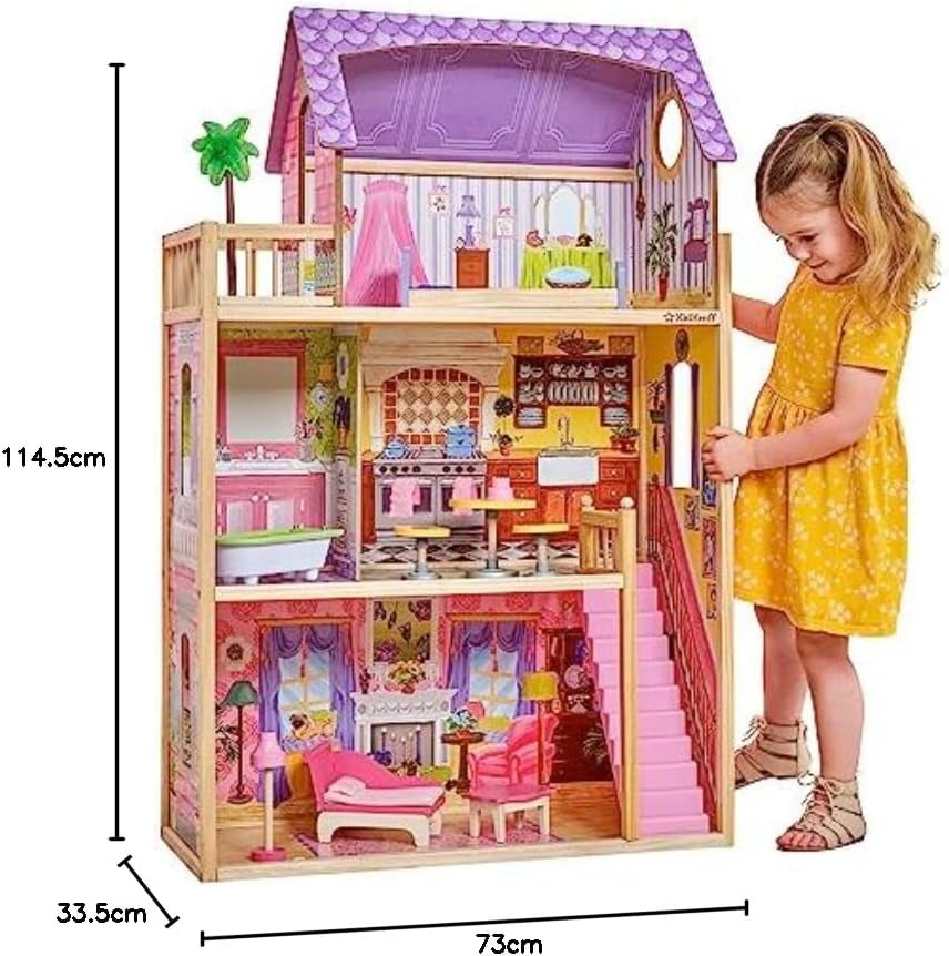 KidKraft Kayla Holzpuppenhaus mit Möbeln und Zubehör, 3-stöckiges Spielset für 30-cm-Puppe, Spielzeug für Kinder ab 3 Jahren, 65092 – Exklusiv bei Amazon