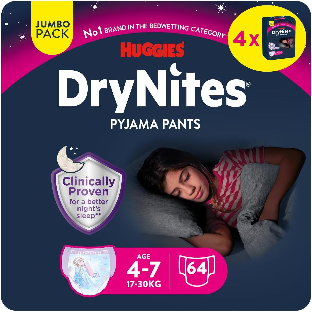 Huggies DryNites Super saugfähige Nachtwindeln für Mädchen von 4–7 Jahren, 4 x 16 Höschenwindeln (64 Stück), Monatspackung