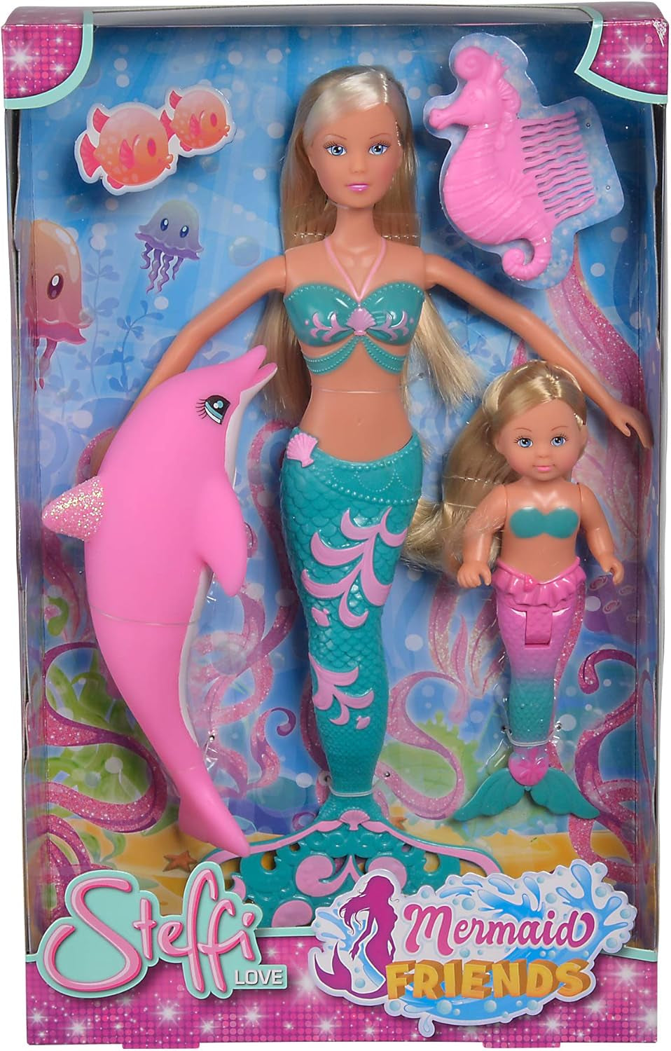 Simba 105733336 – Steffi Love Mermaid Friends, magische Meerjungfrauenpuppe mit Schwester Evi, Delfinfigur und mehr, Spielzeug für Kinder ab 3 Jahren