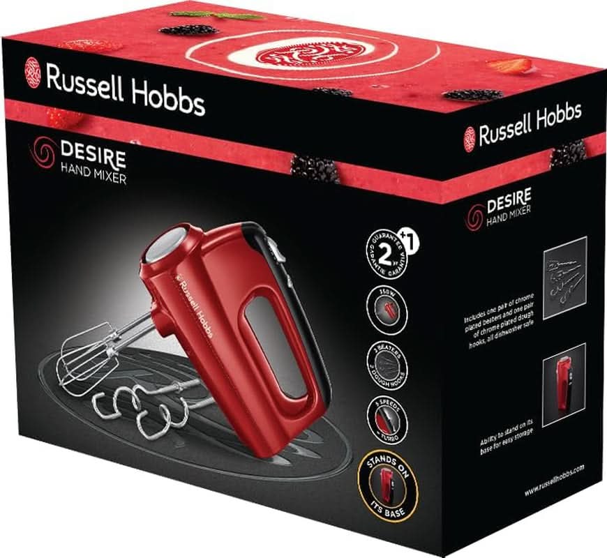 Russell Hobbs Handmixer [Handrührgerät] Desire Rot (5 Geschwindigkeitsstufen+Turbofunktion, 2 spülmaschinengeeignete Rührbesen & Knethaken, Auswurftaste, Aufrechte Parkposition) Handrührer 24670-56 Kitchen Naty Shop
