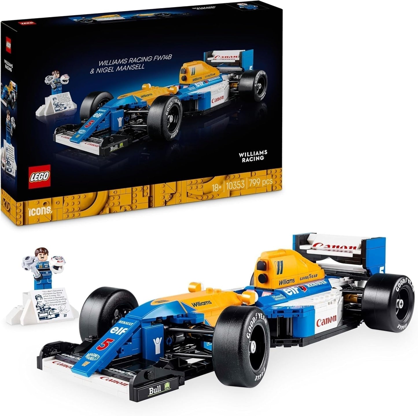 LEGO Icons Williams Racing FW14B mit Nigel Mansell – F1-Modellauto-Set mit Rennfahrer-Minifiguren zum Sammeln – Schreibtischdekoration mit Ständer – Geschenk für Erwachsene und Jugendliche, Motorsport-Fans. 10353 Bausets. Besuchen Sie den LEGO-Store. Standardtitel