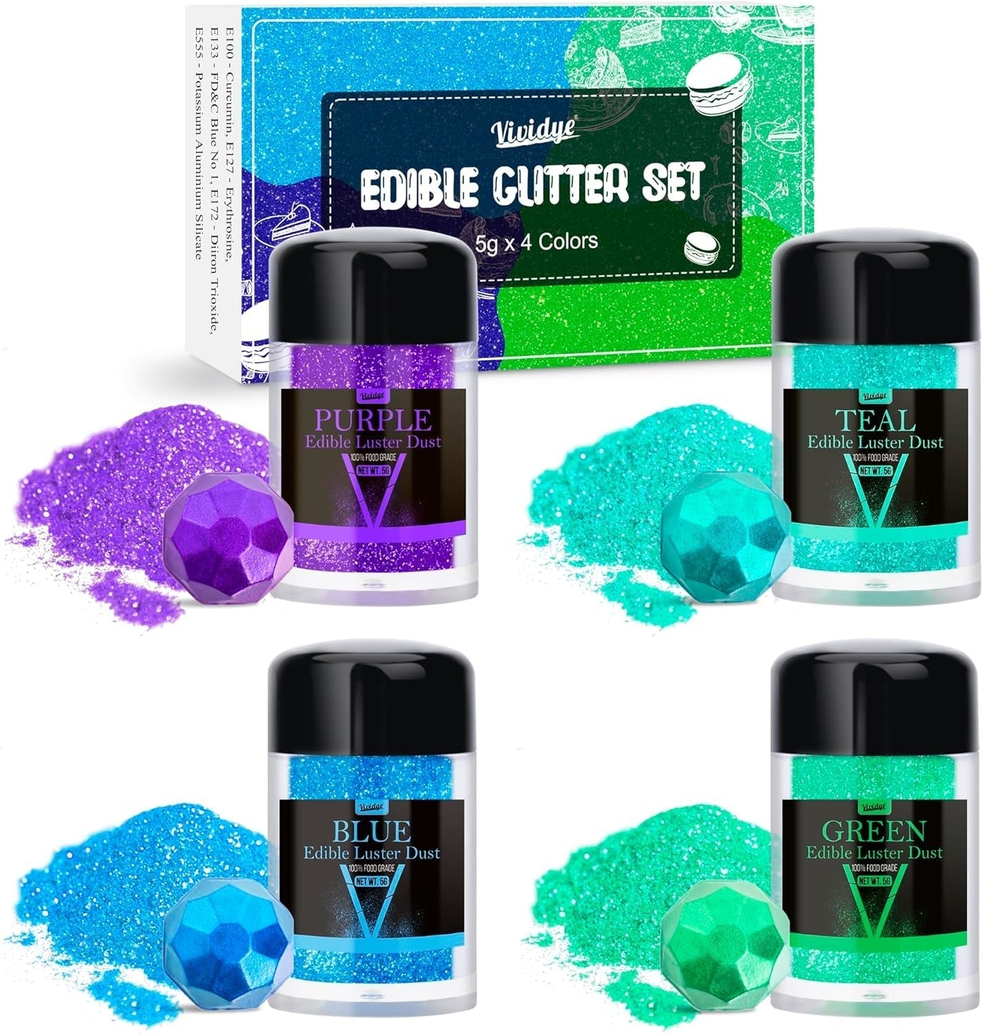 Essbarer Glitzer-Glitter – 4 Farben essbares Glitzerpulver, Glitzerpulver für Getränke, Lebensmittel, Kuchen – essbares metallisches Lebensmittelfarbpulver zum Backen, Cocktails – 5 g/Flasche