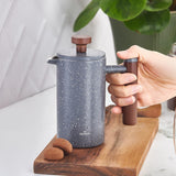 KARACA Doppelwandige French Press aus Marmor mit Kastanienholzgriff – Isolierte French Press für Kaffee – Zuhause, Reisen, Camping, Kaffeemaschine – 350 ml – Dunkelgrau