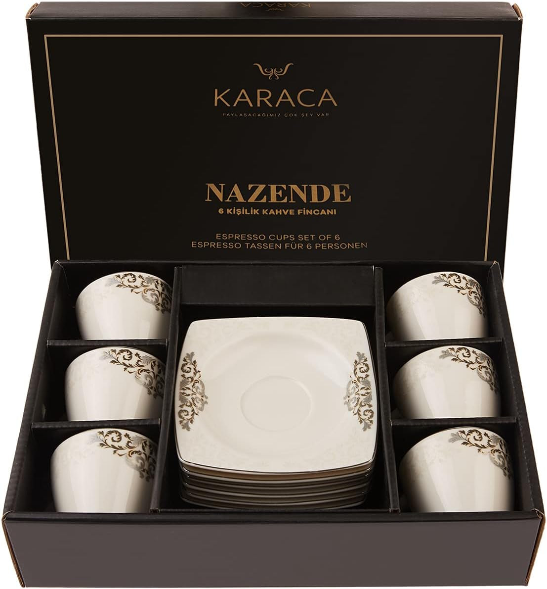 KARACA Nazende Espressotassen-Set aus Porzellan – 80 ml türkische Kaffeetassen mit Untertassen, 12-teiliges modernes Kaffeeservice mit 6 Kaffeetassen und 6 Untertassen, Mokkatassen – Weiß
