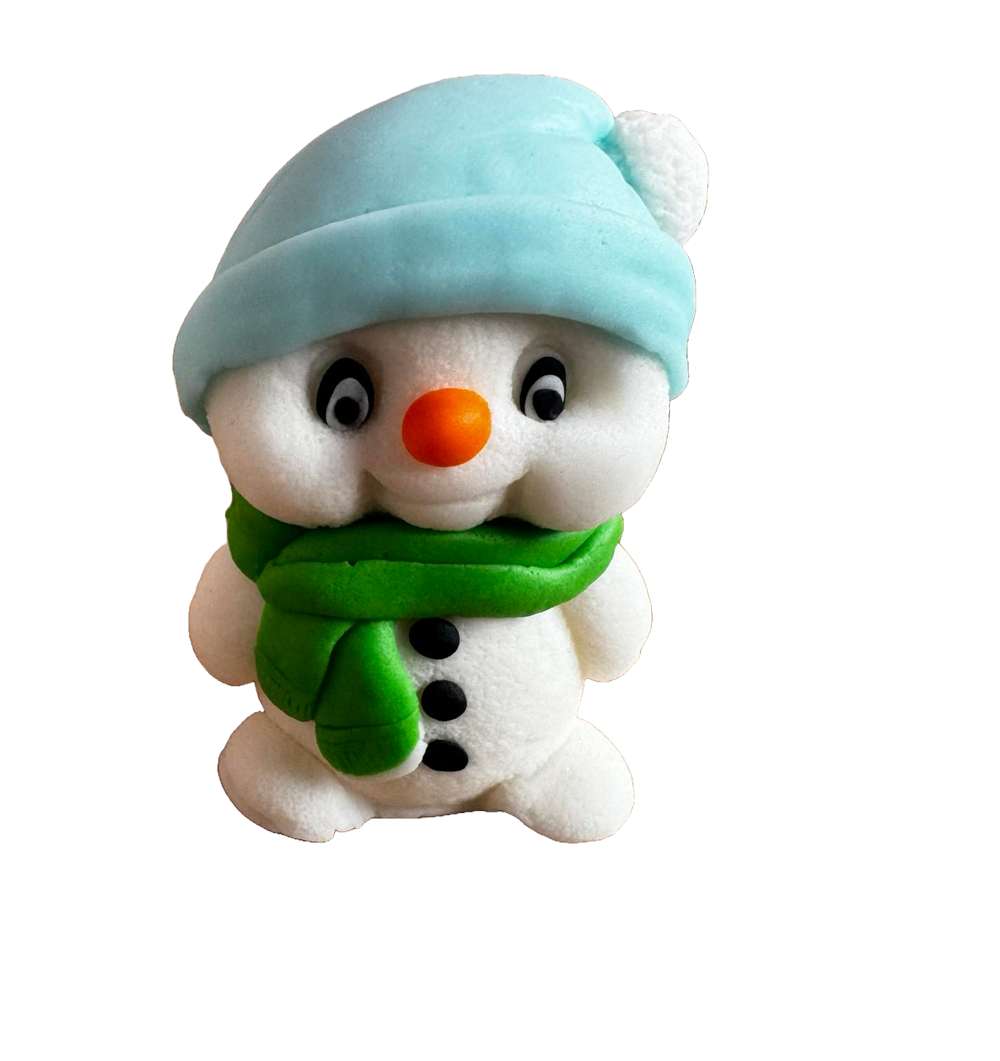 Essbare Dekoration aus Zuckerpaste, Schneemann mit grünem Schal und blauer Mütze. Dekorationen von Sugar Paste Naty Shop