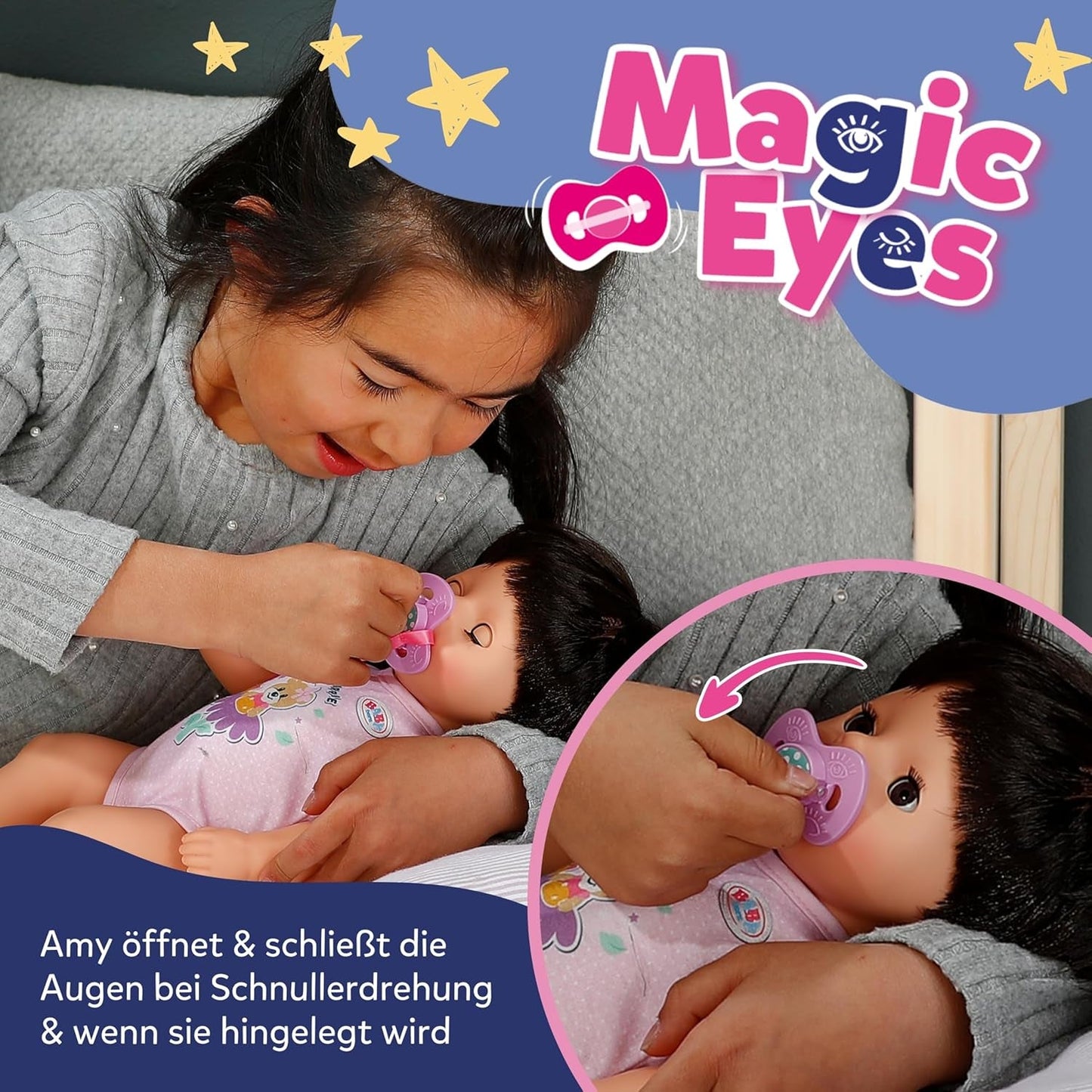 BABY Born Amy – 36 cm große Puppe – Babypuppe mit 7 Funktionen für Kleinkinder ab 1 Jahr – Funktioniert ohne Batterien – Inklusive Zubehör und Matratze