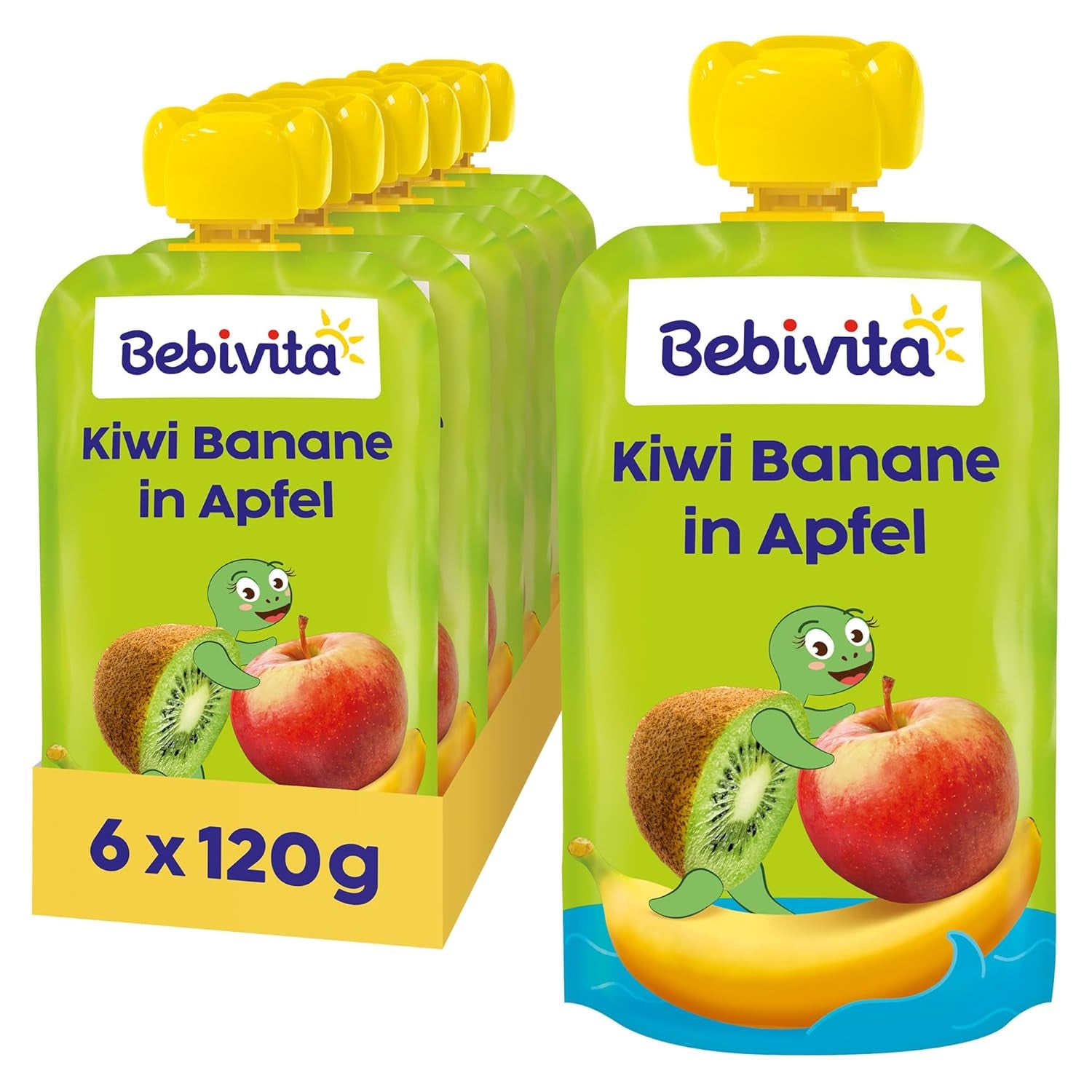 Kiwi-Bananen in Apfel-Quetschie (6 x 120g), ohne Zuckerzusatz, glutenfrei, ideal für unterwegs und selbständiges Snacken