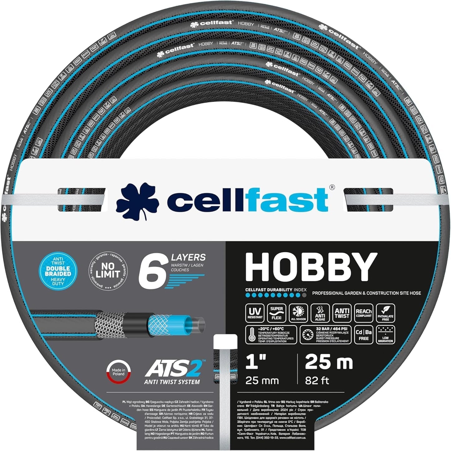 CELLFAST Gartenschlauch, 6-lagiger Wasserschlauch, doppelt geflochtener Stoff, Bewässerungsschlauch, UV-beständig, Anti-Algen, flexibler Schlauch, 32 bar, 1 Zoll, 25 Meter, Hobby