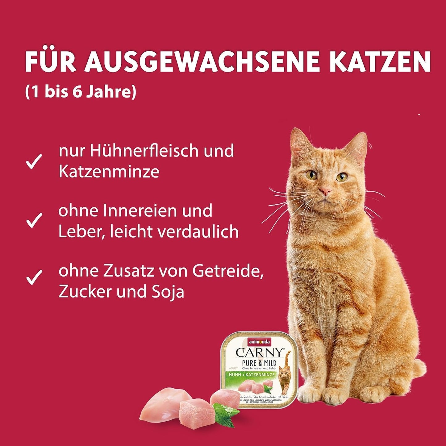 Adult Pure & Mild Nassfutter für Katzen mit Huhn und Katzenminze (32 x 100 g), für empfindliche Katzen, getreide- und zuckerfrei, leicht verdauliches Nassfutter mit Huhn