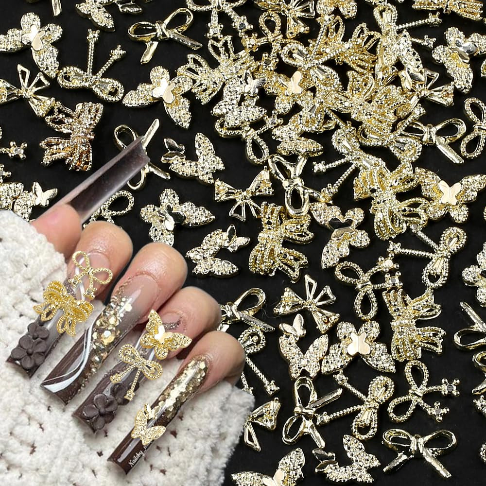 50 Stück 3D Gold Bow Nail Charms Butterfly Nail Art Charms Legierung Bogen Nagel Charms Nägel Zubehör Schleife Nagelschmuck Metall Schleifen Schmetterling Nageldesign Nagelanhänger Nailart Strasssteine