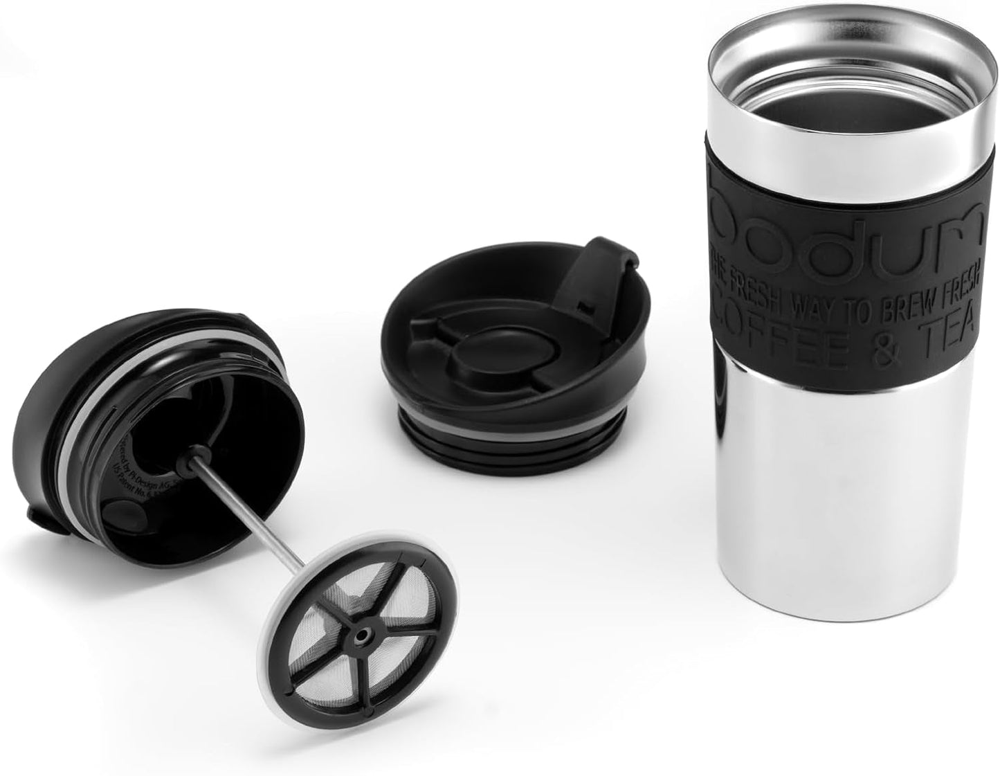 Bodum K11067-01 Reisepresse, Edelstahl, schwarze Kaffeemaschine mit Ersatzdeckel, 350 ml