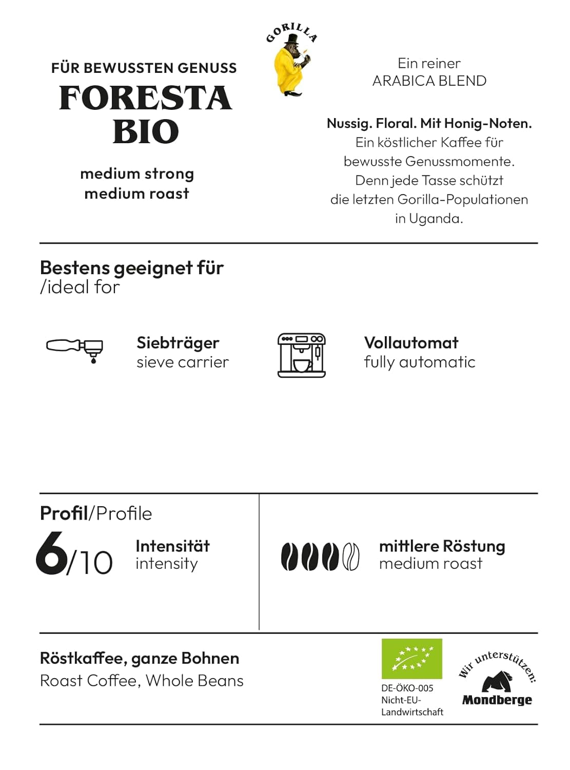 Joerges Foresta Kaffee 1000g geröstete ganze Bohnen | Hochwertige Arabica-Mischung | Für Siebträger und Kaffeevollautomaten | Espresso