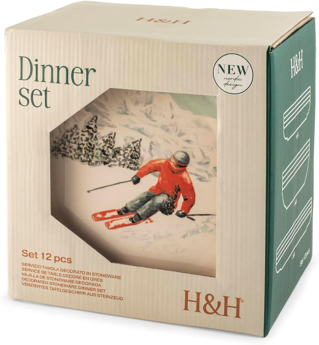 Winter Escape 12-teiliges Weihnachtsgeschirr-Set aus Steinzeug – nordisches Winter-Skifahrer-Design – spülmaschinen- und mikrowellenfest