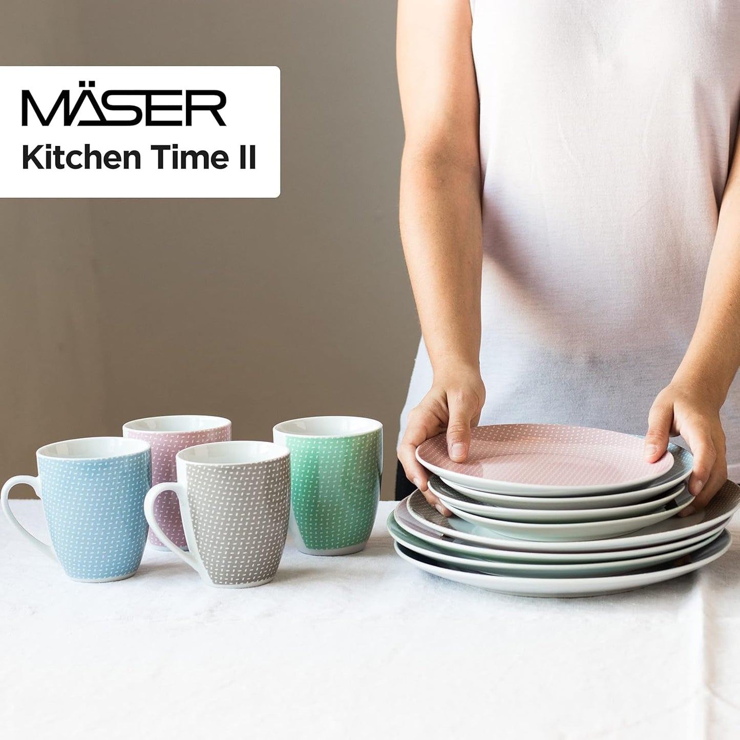MÄSER Kitchen Time II, Tafelservice für 4 Personen, Kombiservice mit 16 Teilen in Pastellfarben mit dezentem Muster, Porzellan, Rosa