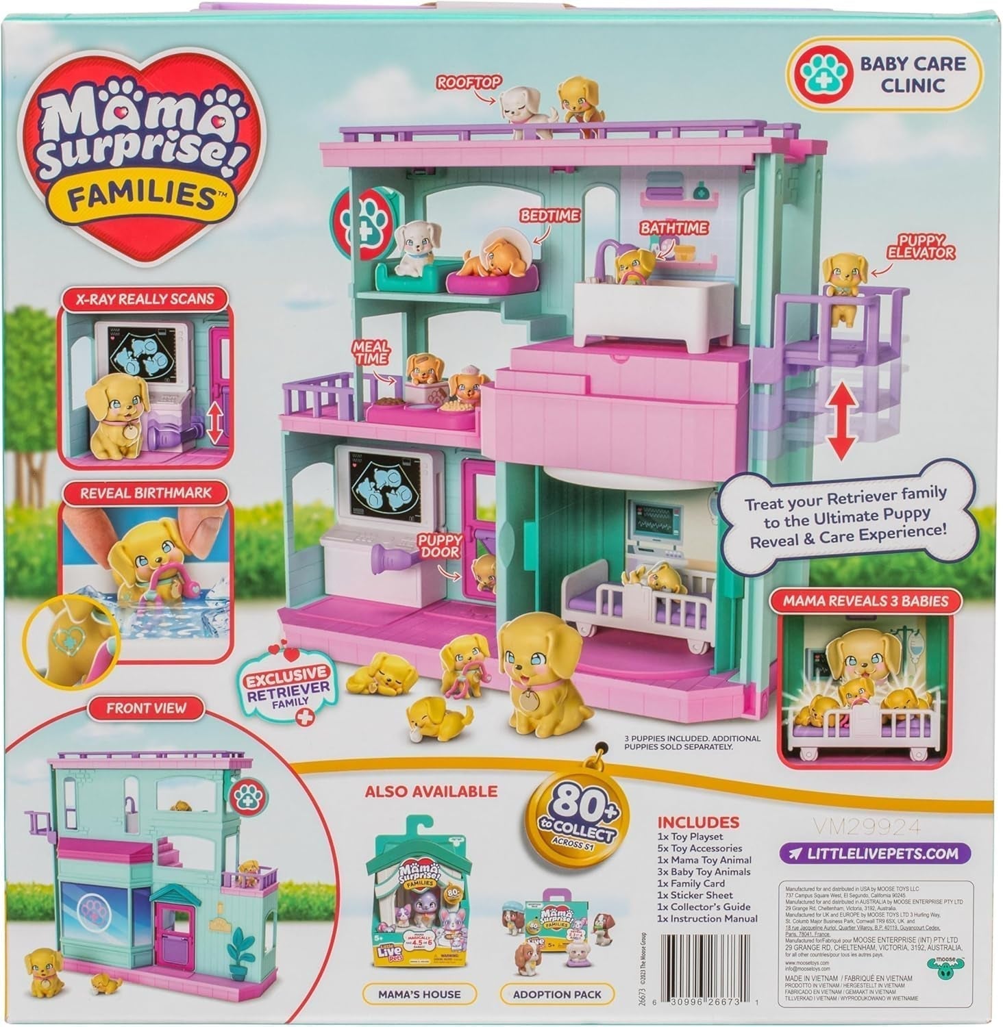 Little Live Pets Mama Surprise Families Baby Clinic-Spielset, 3 Retriever-Welpen enthalten, magisches, doppelseitiges Spielset (27,8 cm B, 23,8 cm H). Füttern, Baden und Spielen, Geschenk für Kinder Actionfiguren Naty Shop