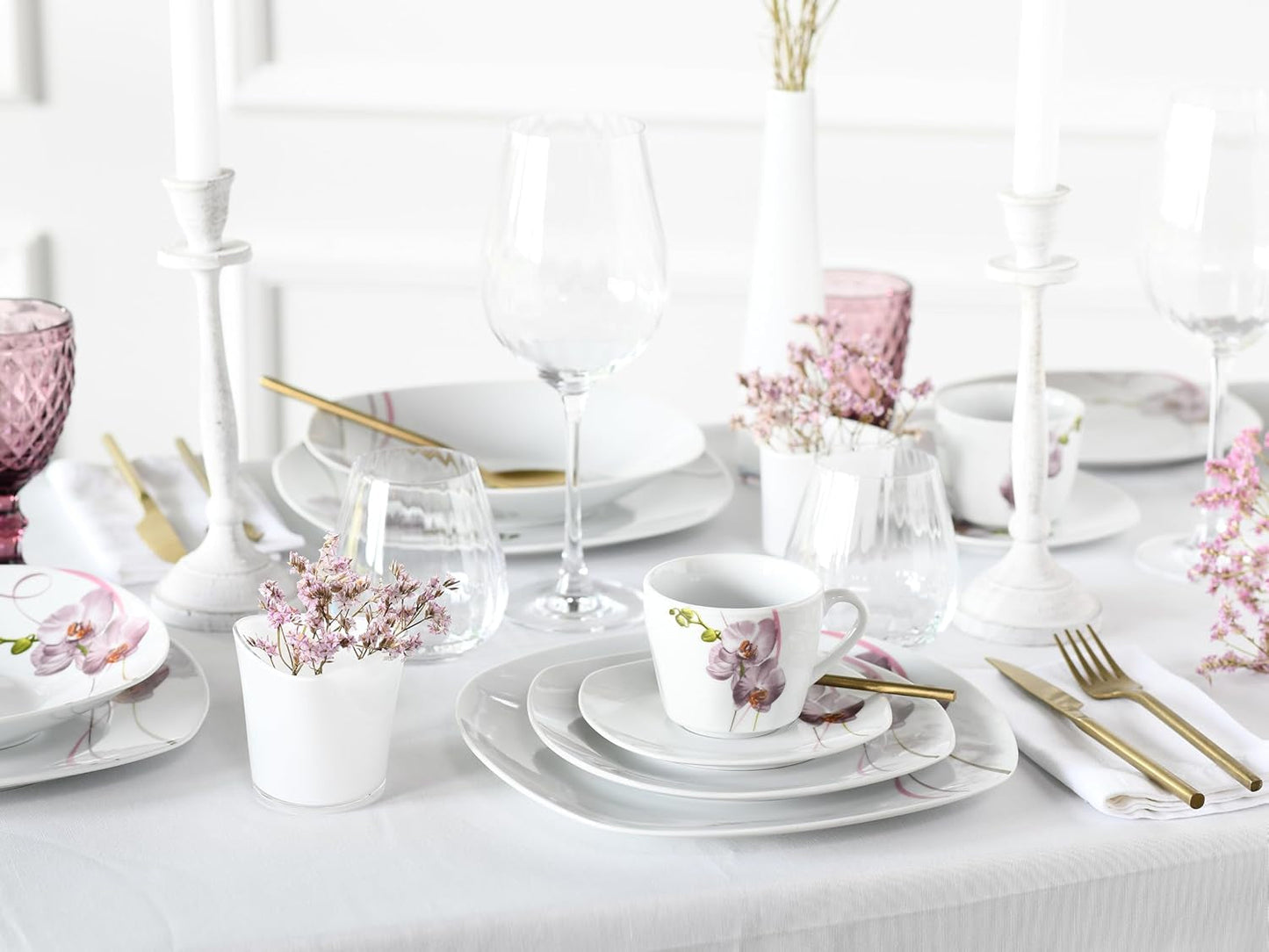 CreaTable, 24024, Serie „Square Orchid“, 18-teiliges Tafelservice für 6 Personen, Kaffeeservice aus Porzellan, spülmaschinen- und mikrowellengeeignet, hochwertige Herstellung