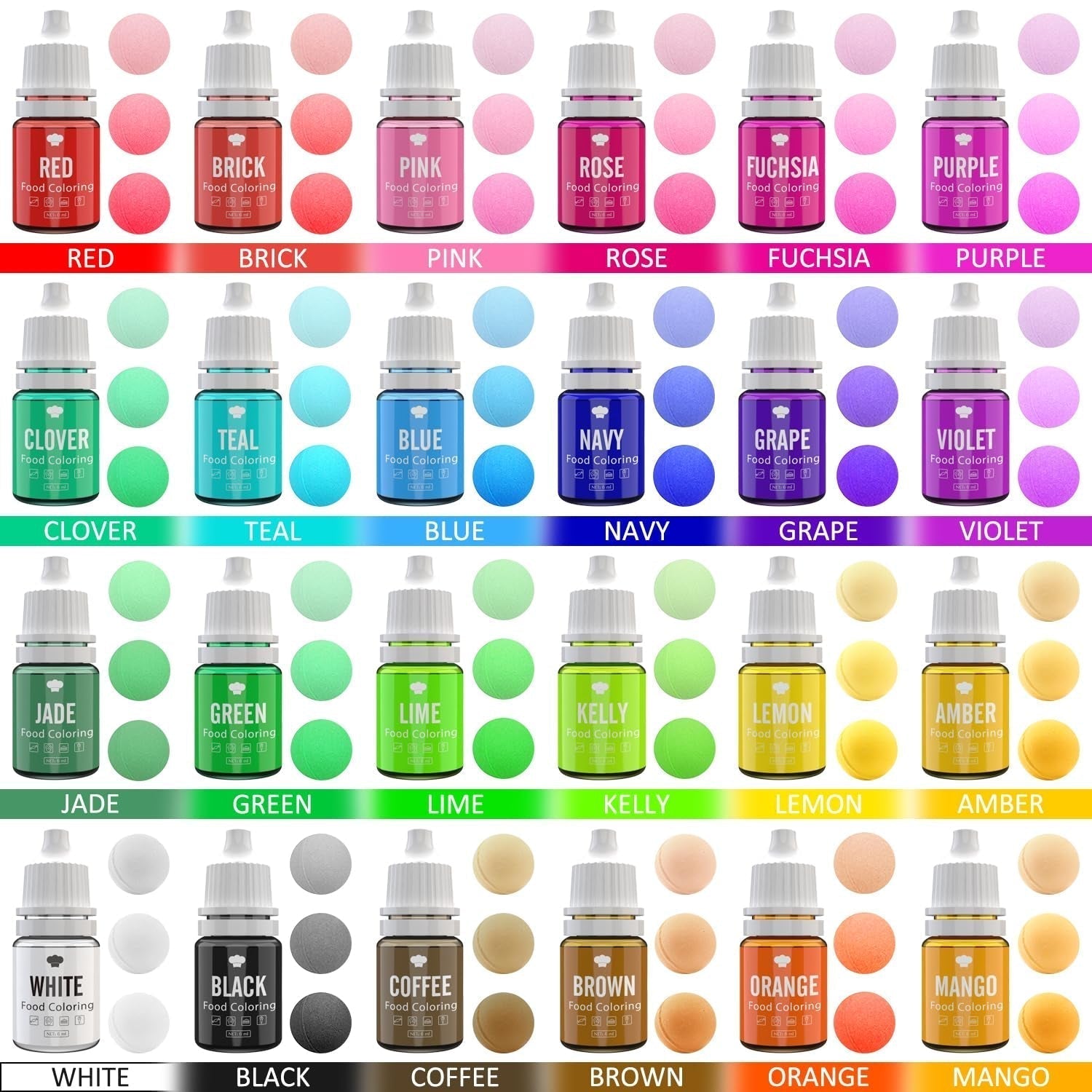 Lebensmittelfarbe – 24 lebendige Lebensmittelfarben zum Backen, Kuchendekorieren, Zuckerguss, Kekse, Fondant und Macarons – flüssige Lebensmittelfarbe für Seifenherstellung und Bastelarbeiten – 24 x 6 ml