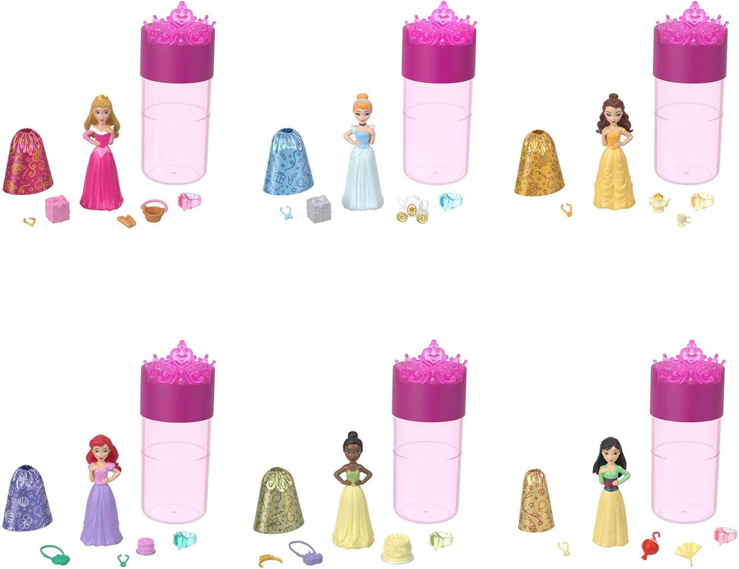 Disney Princess Color Reveal – 6 wasseraktivierte Überraschungspuppen, Zubehör, für Kinder ab 3 Jahren, Arielle, Tiana, Mulan, Aschenputtel, Belle, Aurora, HPX39