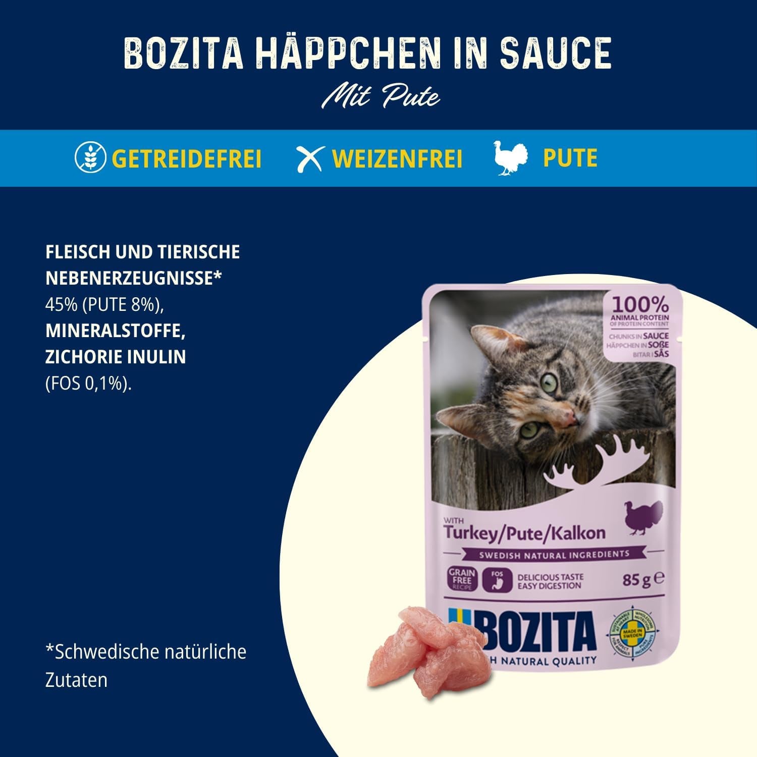 Bozita Pouch Nassfutter Häppchen in Sauce mit Huhn - 12x85g Portionsbeutel getreidefreies & weizenfreies Futter für Katzen - Katzennassfutter für erwachsene Katzen mit 8,5% Protein & 4,5% Fettgehalt