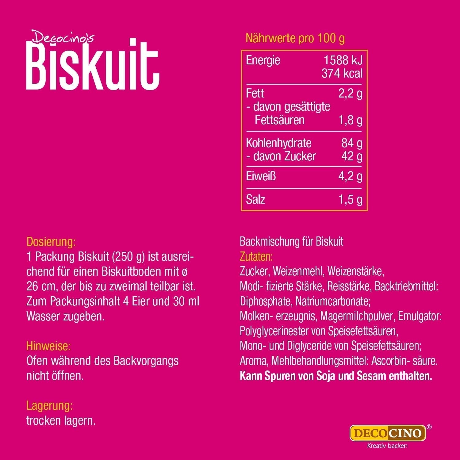 DECOCINO Biscuit Backmischung (250 G) – Einfache Zubereitung – Gelingsicher – Zum Backen Von Luftigen Biskuitböden, Creme-Torten, Biskuitrollen Uvm. Naty Shop