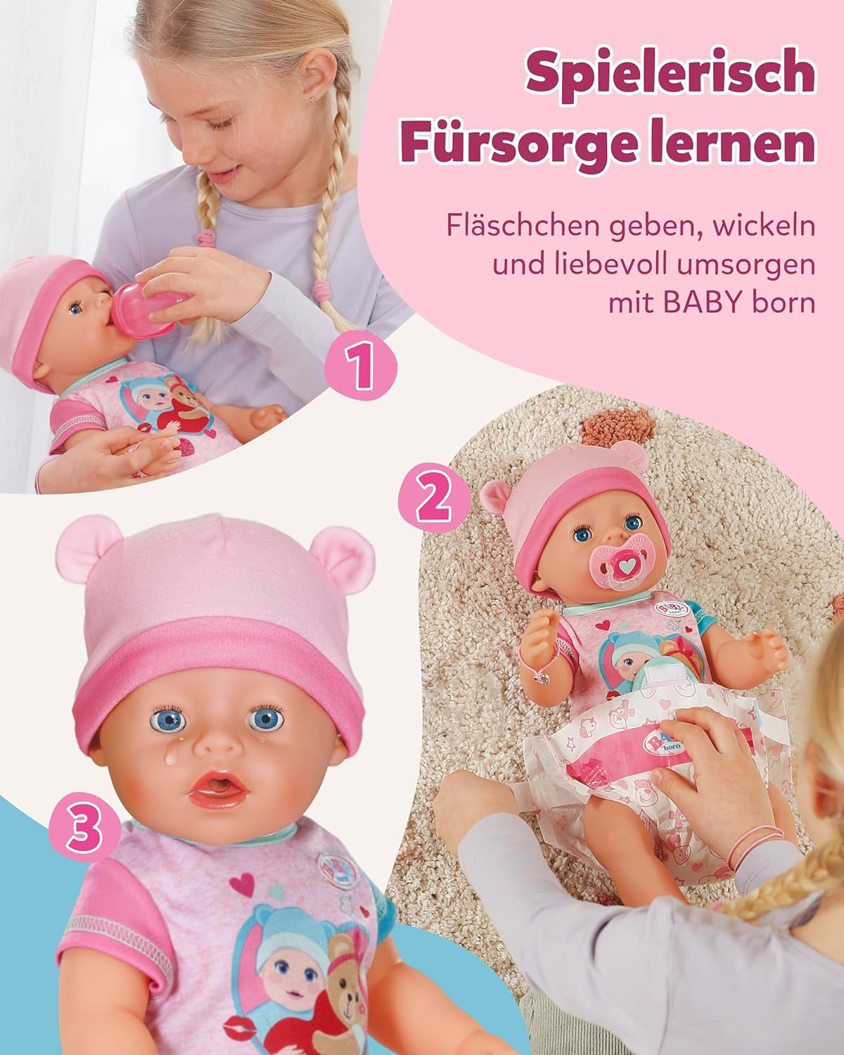 BABY Born Emma – Babypuppe 43 cm – 10 Funktionen inklusive Zubehör und Matratze – Funktioniert komplett ohne Batterien – Geeignet für Kinder ab 3 Jahren