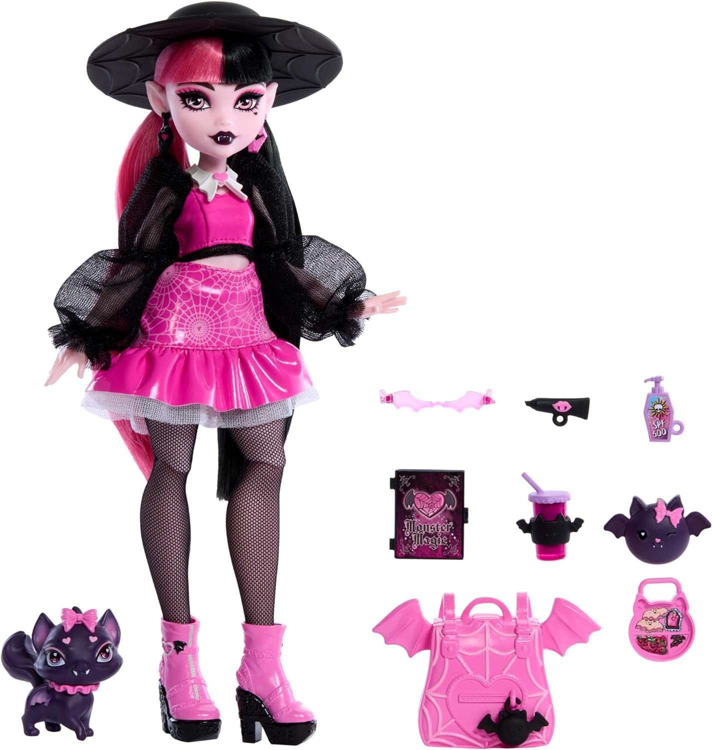 Monster High Draculaura-Puppe mit ihrem Haustier Count Fabulous Fledermauskatze und Zubehör wie Rucksack, Zauberbuch, Bento-Box und mehr, HRP64 Naty Shop Dolls