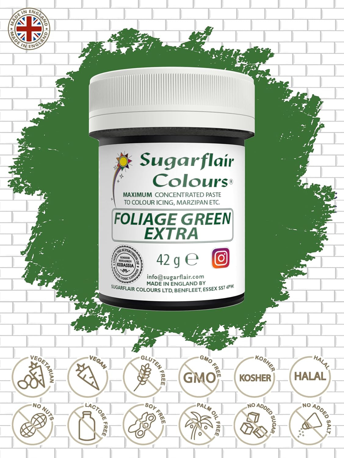 Sugarflair Max Concentrated Foliage Green Lebensmittelfarbe, hochkonzentrierte Marzipan- und Fondant-Lebensmittelfarbe, Max Concentrate Pastenfarbe – 42 g