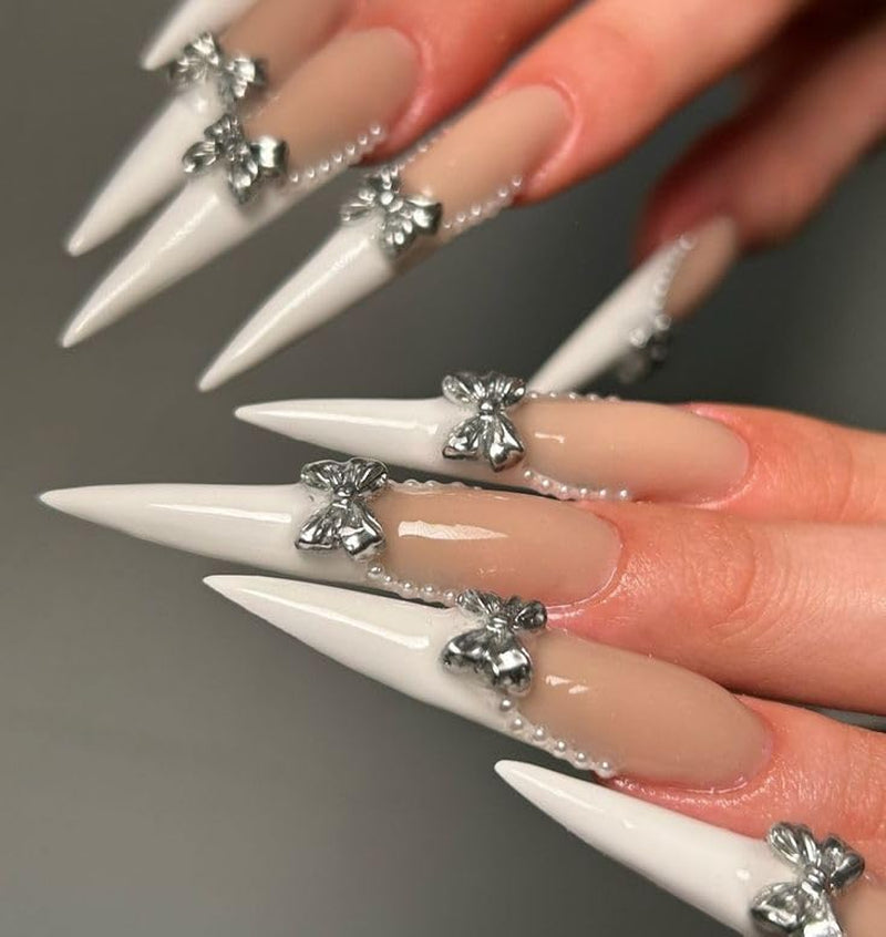 Moonglow Lange Nägel Stiletto Milchweiß Rosa Farbverlauf Glitzer Coole künstliche Nägel mit Kleber Rosa Ombre Glitzer Künstliche Nägel