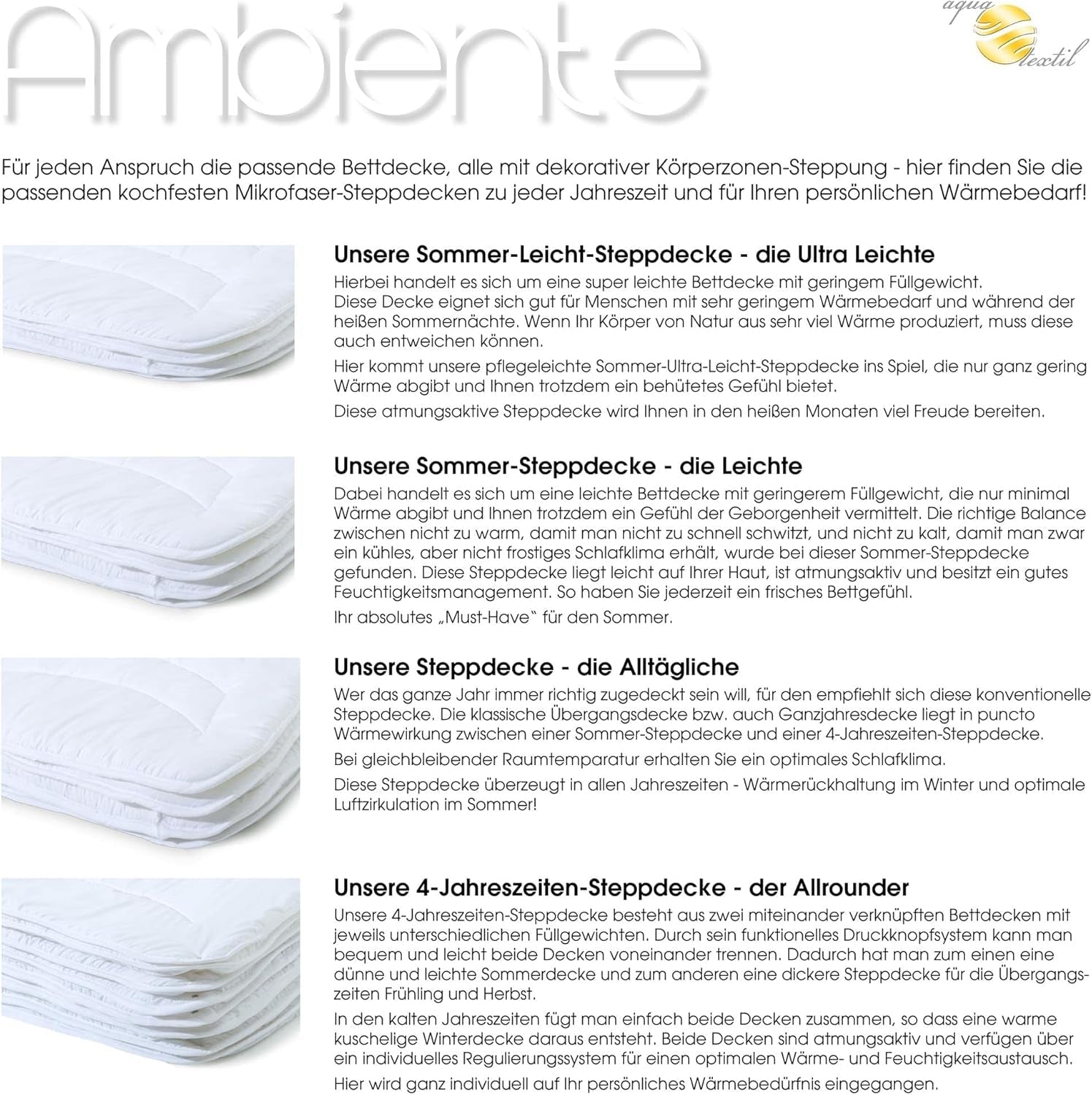 Ambiente Sommerlichtdecke 220 x 240 cm Mikrofaserdecke atmungsaktiv Winter Sommer Steppdecken und Steppdecken Naty Shop