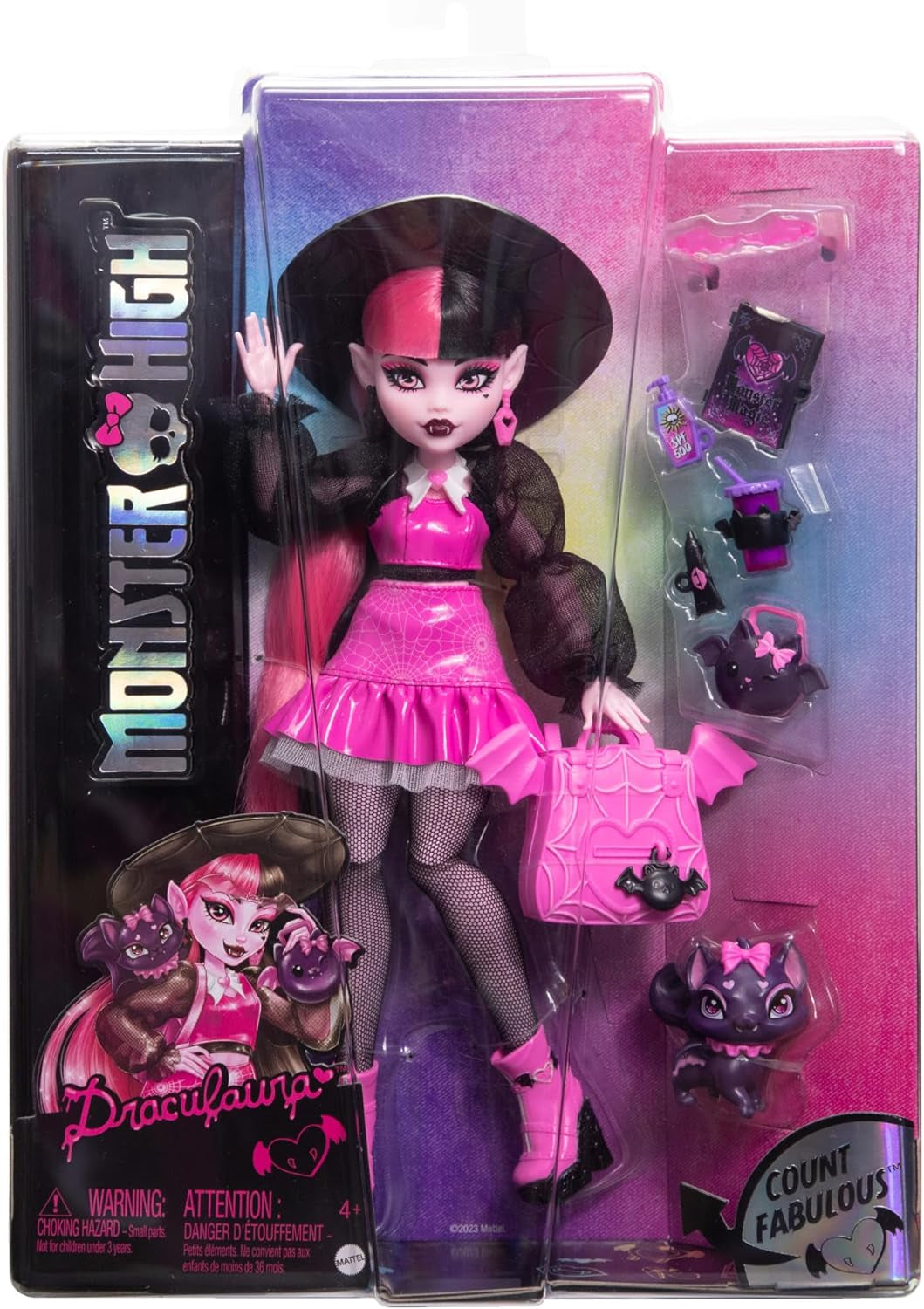 Monster High Draculaura-Puppe mit ihrem Haustier, der Fledermauskatze Count Fabulous, und Zubehör wie einem Rucksack, einem Zauberbuch, einer Bento-Box und mehr, HRP64
