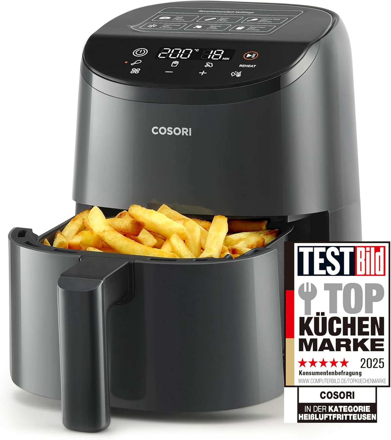 COSORI Heißluftfritteuse Airfryer, 12-in-1-Luftfritteuse XXL 6,2 l, Heißluftfritteuse mit Sichtfenster und Rührerinnerung, 80 Rezepte Haushaltsgeräte Naty Shop Light Black 2L Mini