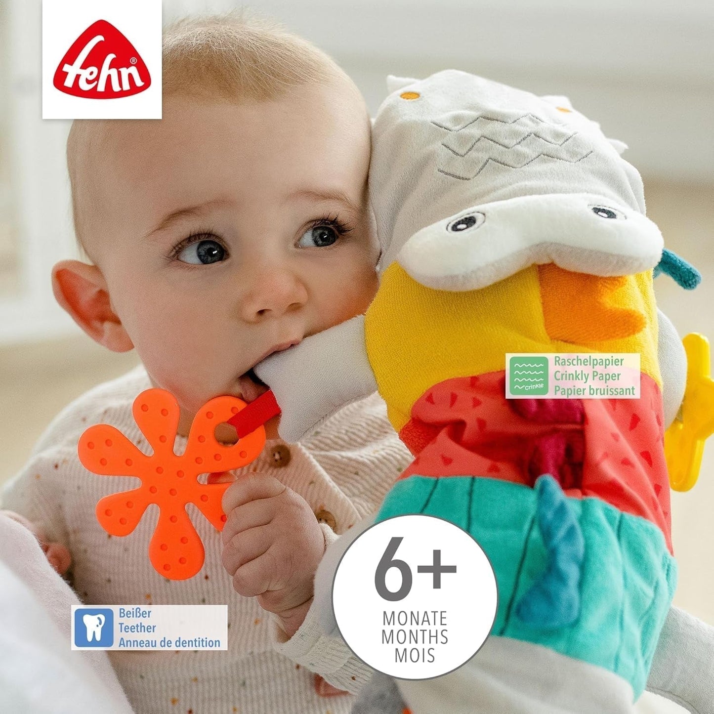 Fehn Babyhandpuppe Krokodil – Plüschtier mit Rassel, Raschelpapier, Beißring und Quietscher – Babyhandpuppe – Knallspielzeug für Babys und Kleinkinder ab 6 Monaten Babyspielzeug Naty Shop