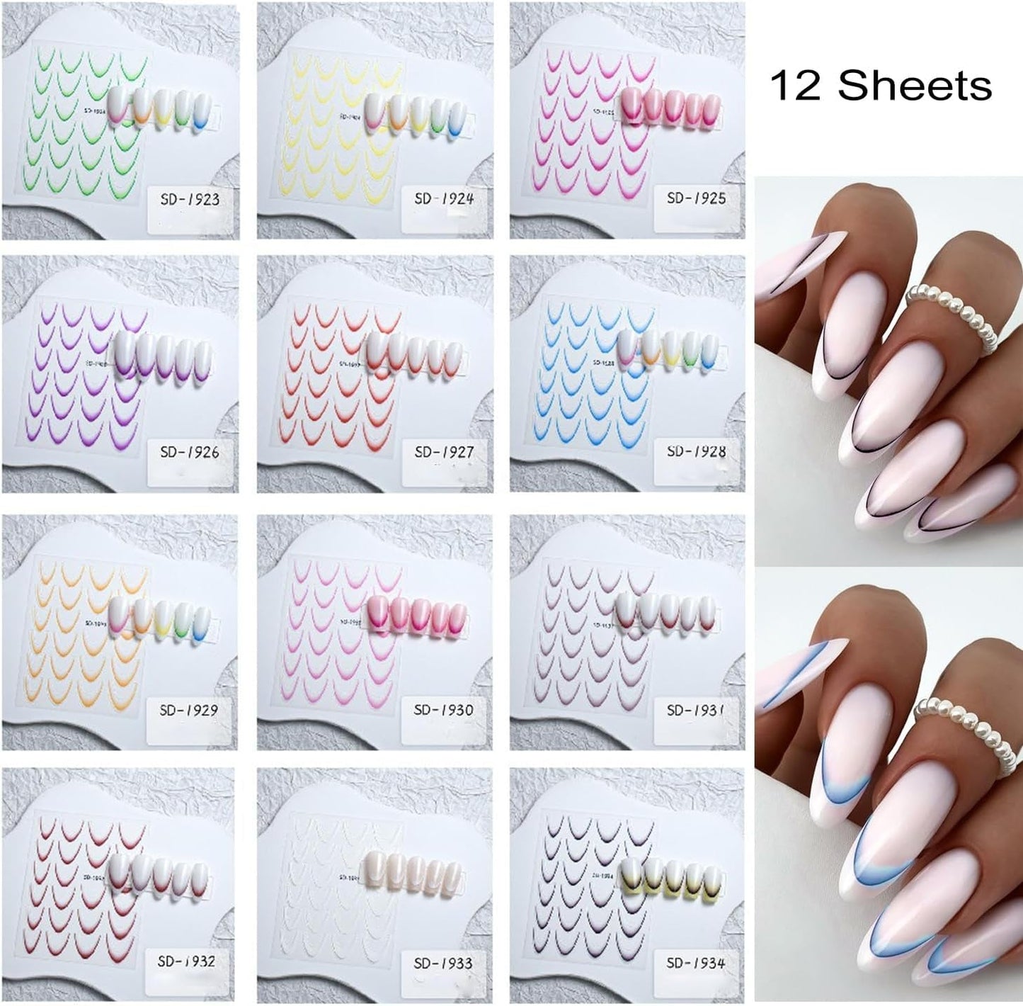 GZMAYUEN 12 Farben Französische Nagelaufkleber, 3D-Nagelaufkleber mit französischem Farbverlauf, selbstklebendes Nageldesign, Nagelzubehör