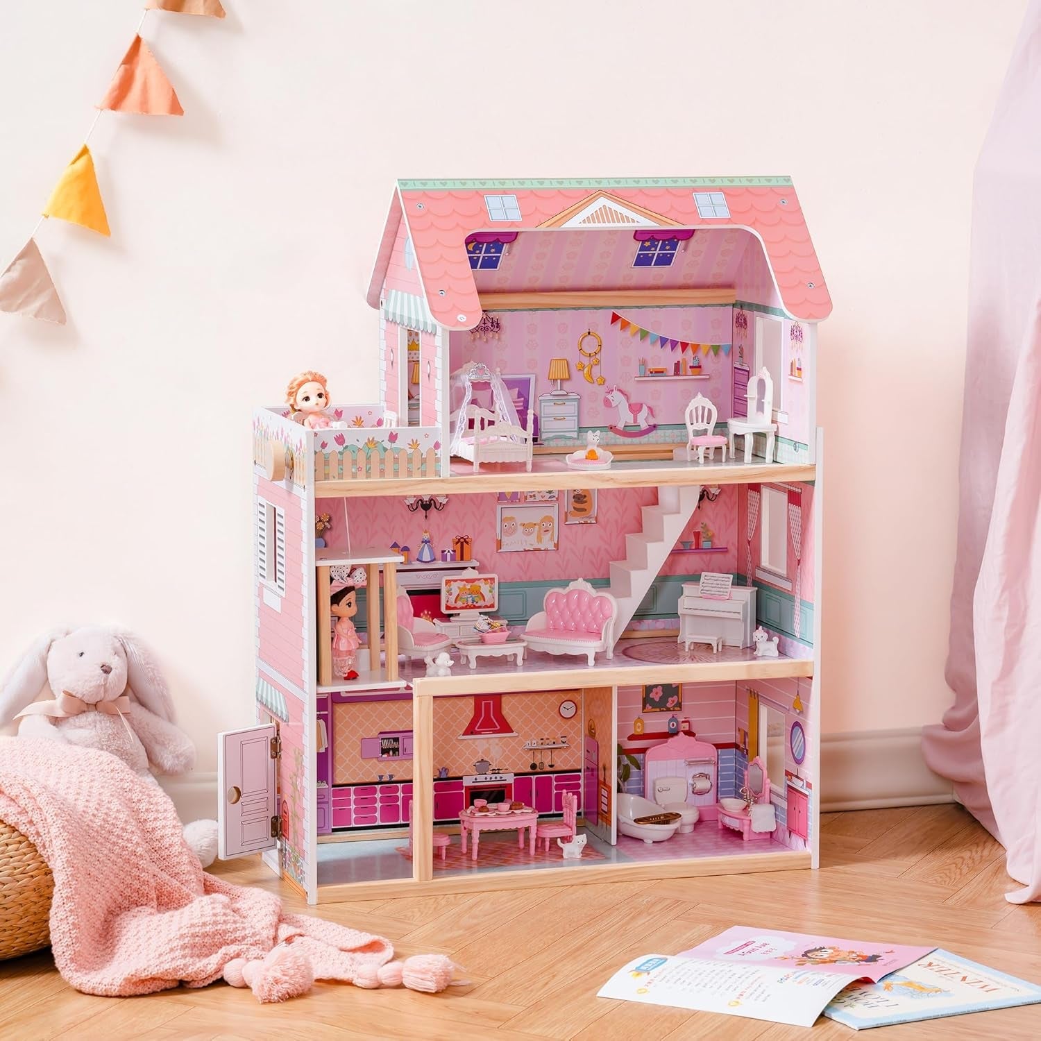 ROBUD Kinder-Puppenhaus aus Holz, Puppenhaus, Spielzeug, Geschenk für Mädchen und Jungen im Alter von 3 4 5 6 Jahren