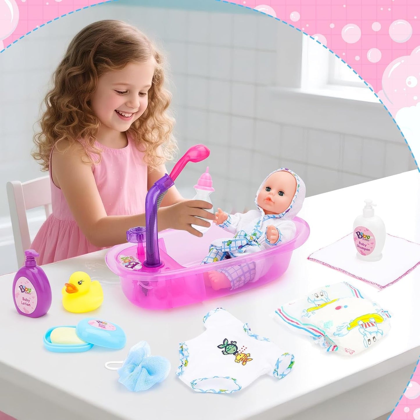 deAO Puppenbadewannen-Set, 33 cm große interaktive Puppe, Puppenbadewanne, Puppenspielset mit Schnuller, Puppenkleidung, Bademantel, Puppenwindeln, Badewanne und funktionellem Duschspray