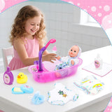 deAO Puppenbadewannen-Set, 33 cm große interaktive Puppe, Puppenbadewanne, Puppenspielset mit Schnuller, Puppenkleidung, Bademantel, Puppenwindeln, Badewanne und funktionellem Duschspray