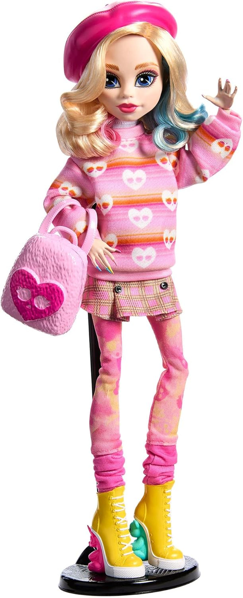 Monster High Wednesday Puppe und Zubehör Pink Enid Sinclair Sammelfigur mit Baskenmütze und Rucksack Puppenständer HXJ05