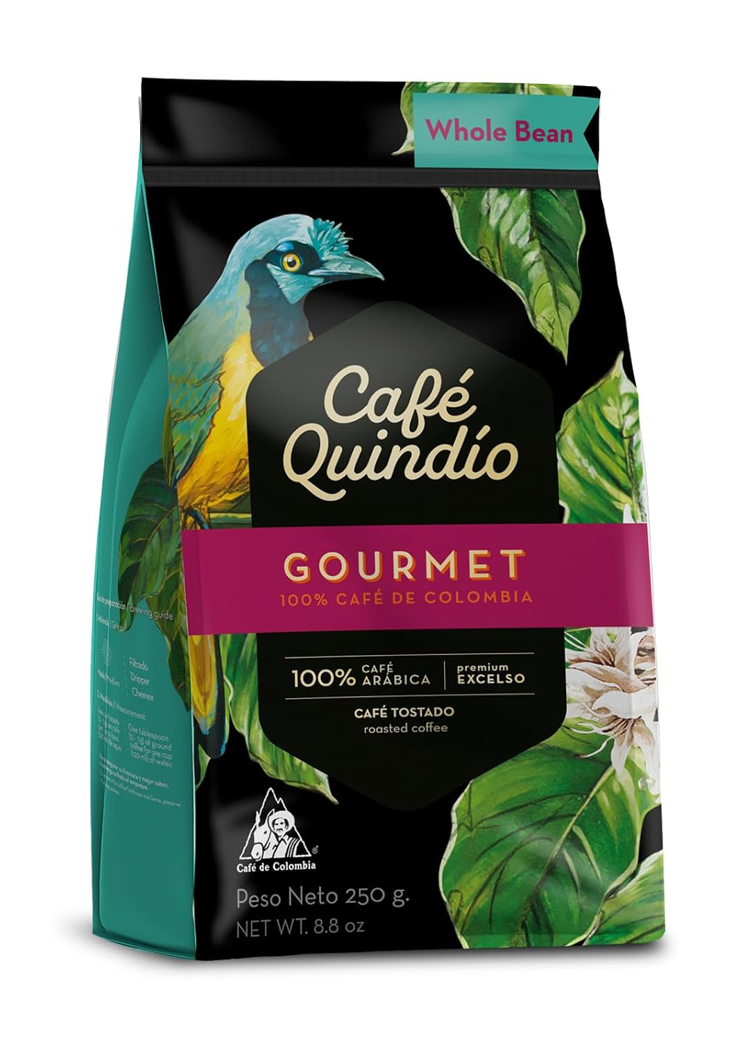 Cafe Quindio Gourmet – Spezialkaffee – 100 % Arabica-Kaffeebohnen, Kolumbien, 250 g – ideal für Siebträgermaschinen, Vollautomaten, Filterkaffee oder French Press