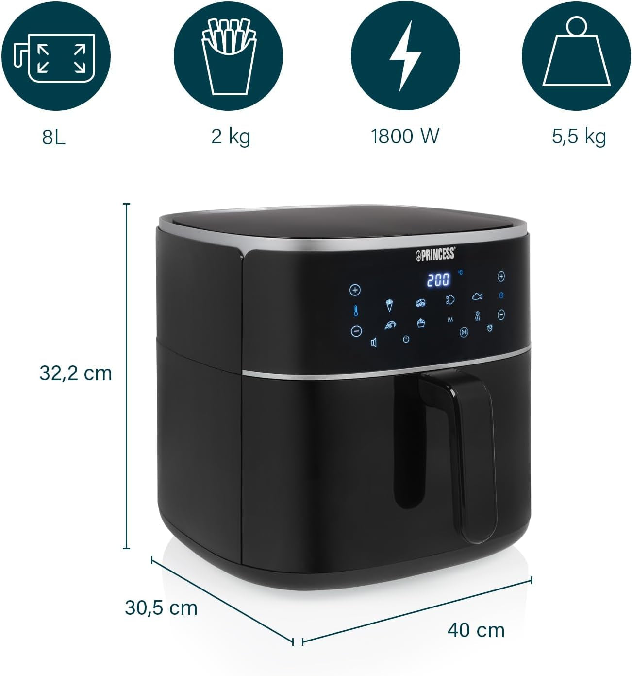 Princess Digital Heißluftfritteuse – Variable Schüsselkapazität – Maximal 8 Liter – 6 voreingestellte Programme. Haushaltsgeräte Naty Shop